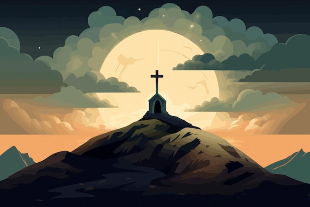 Cartoon illustration of a sky over golgotha hill is shrouded in majestic light and clouds revealing the holy cross symbol