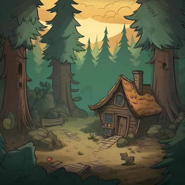 Cartoon illustration of a small cabin in the woods with a thatched roof generative ai