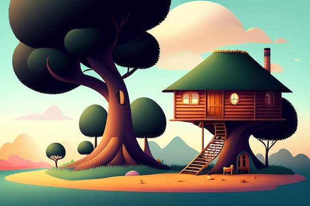 A cartoon illustration of a small house with a green roof and a treehouse with a cat on the top.