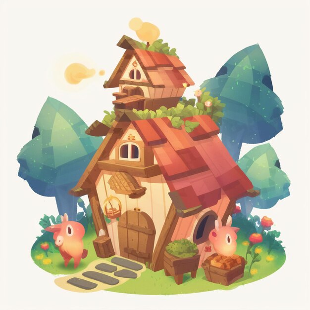 мультяшная иллюстрация небольшого дома со свиньей и поросенком, генеративный ИИ