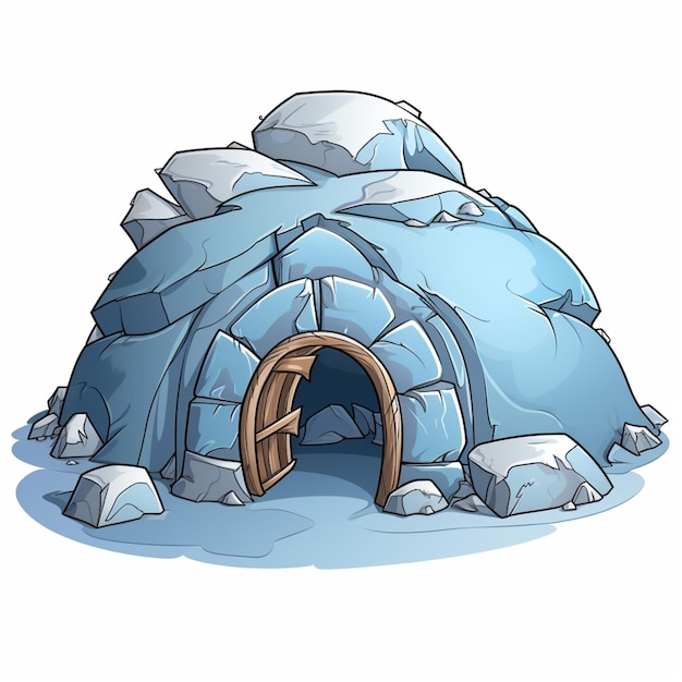 Photo cartoon illustration of a small ice cave with a door and a window generative ai