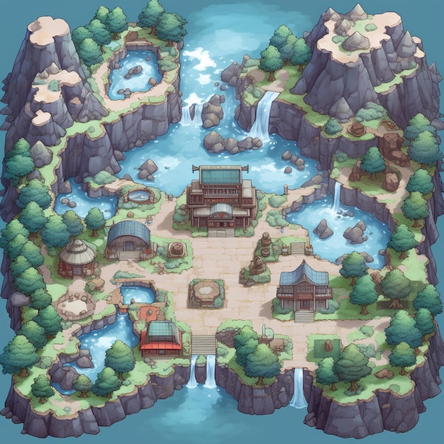 мультяшная иллюстрация небольшого острова с водопадом и храмом на заднем плане.