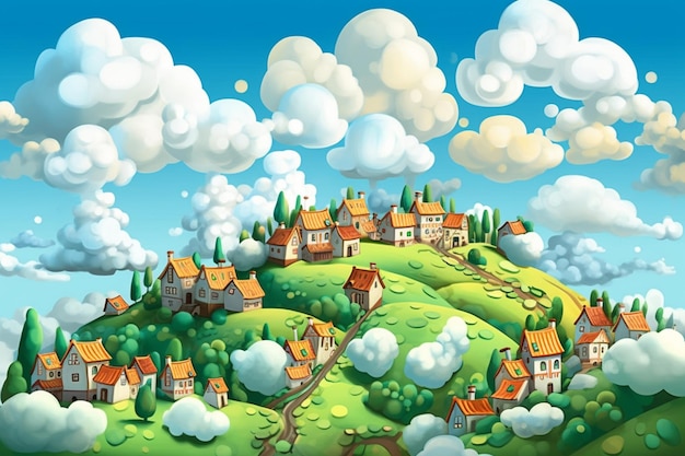 Cartoon illustration of a small town on a hill with a road generative ai