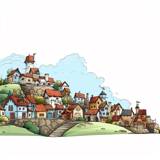 cartoon illustration of a small town on a hill with a steeple generative ai