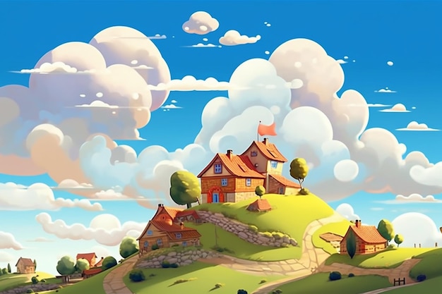 Cartoon illustration of a small village on a hill with a road generative ai