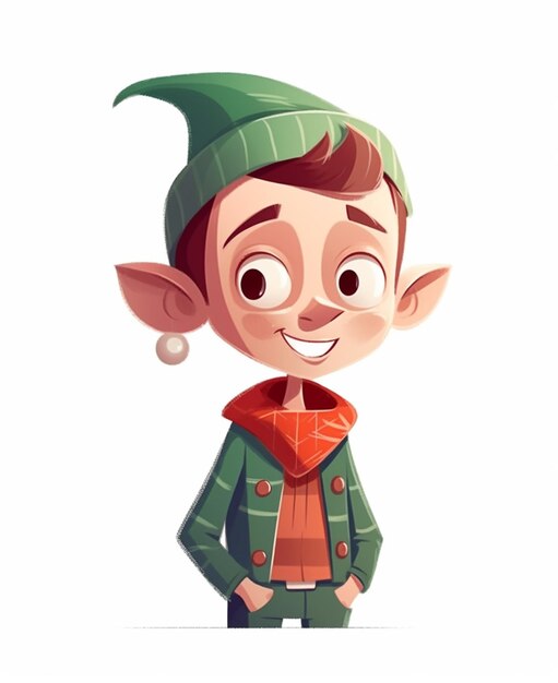 Photo cartoon illustration of a smiling elf with a green hat and red jacket generative ai