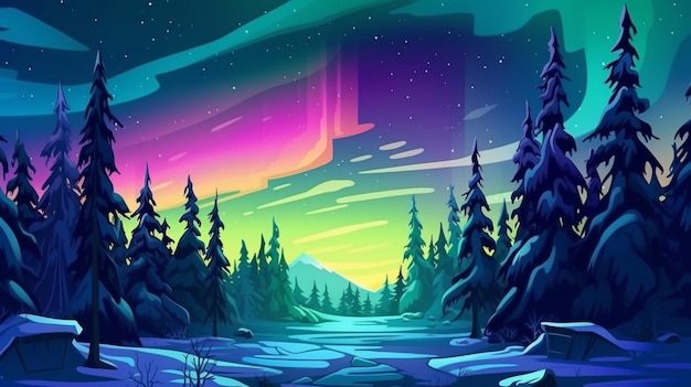 A cartoon illustration of a snowy forest with a aurora bore generative ai