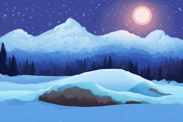 A cartoon illustration of a snowy landscape with mountains and a snow covered mountain.