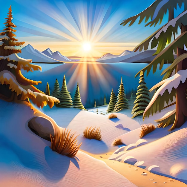 A cartoon illustration of a snowy landscape with a sun rising over the mountains.