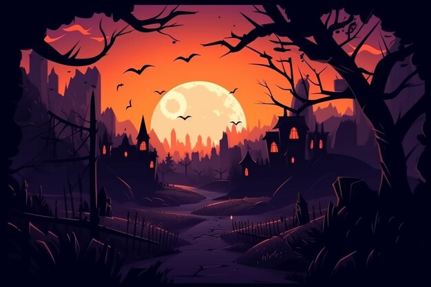 A cartoon illustration of a spooky castle in a spooky forest generative ai