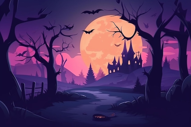 A cartoon illustration of a spooky pumpkin in a spooky graveyard generative ai