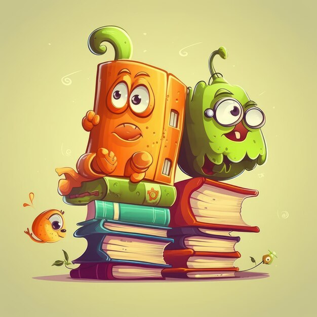 A cartoon illustration of a stack of books