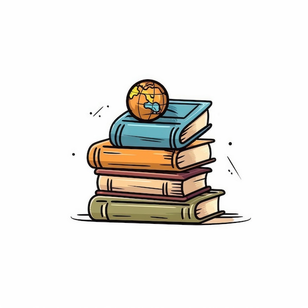 A cartoon illustration of a stack of books