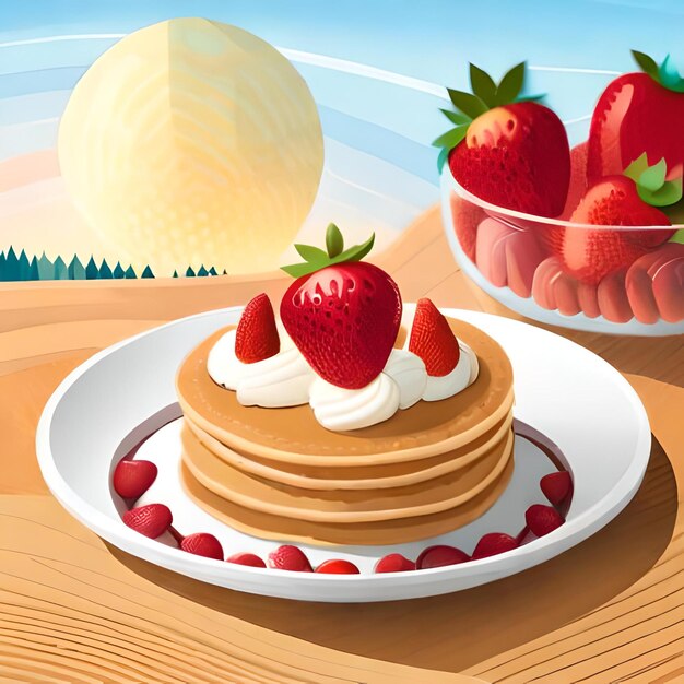 A cartoon illustration of a stack of pancakes with strawberries on the top.