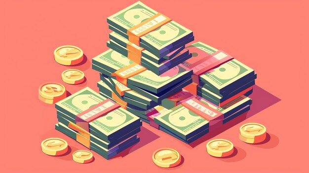 Photo a cartoon illustration of stacks of cash coins and bills on a pink background