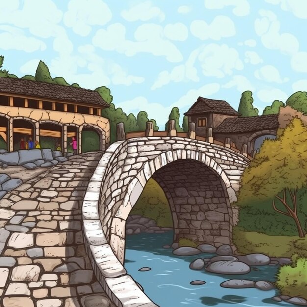 Foto illustrazione di cartone animato di un ponte di pietra su un fiume in un villaggio generativo ai
