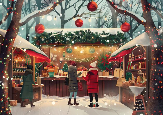 a cartoon illustration of a store with a christmas tree and snowflakes