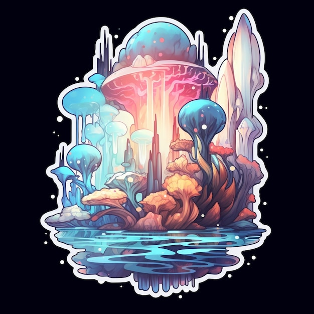 a cartoon illustration of a strange alien city with a giant mushroom generative ai