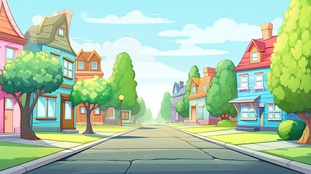 cartoon illustration A street of houses with green trees and a road in perspective