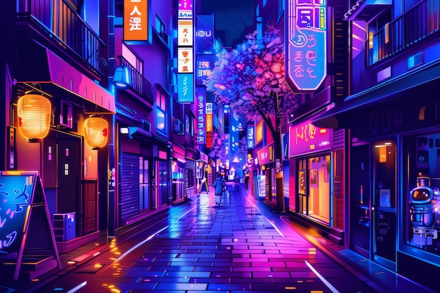 Photo a cartoon illustration of the streets of tokyo at night