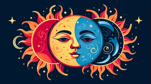 Cartoon illustration sun and moon together generative AI