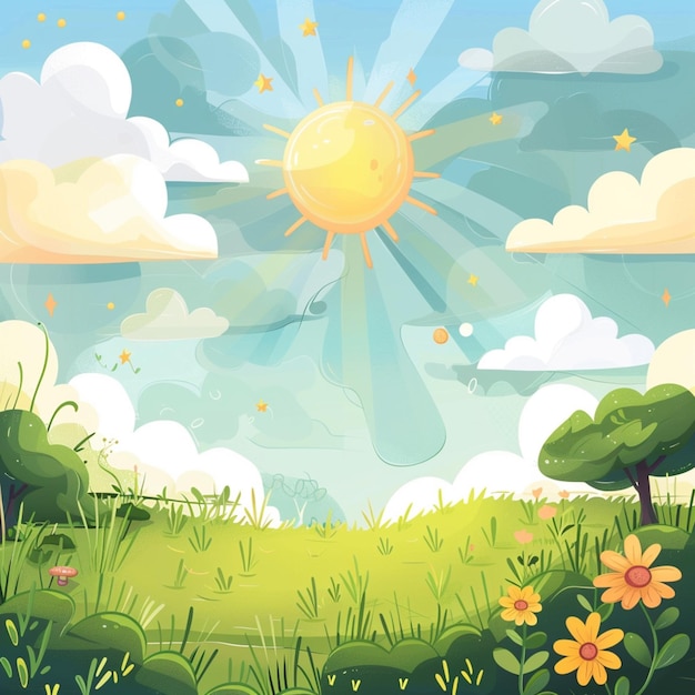 Photo cartoon illustration of a sunny day in a green field with flowers generative ai