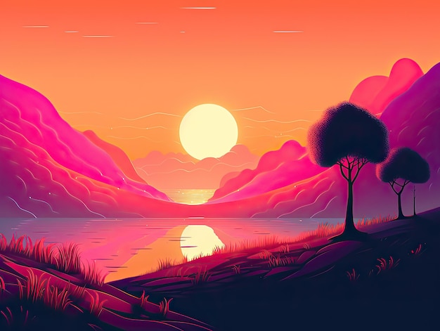 A cartoon illustration of a sunset with a tree on the shore outdoor explore travel illustration