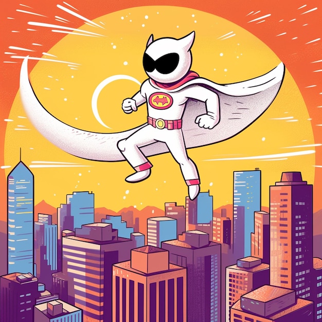 Photo a cartoon illustration of a superhero with a city in the background.