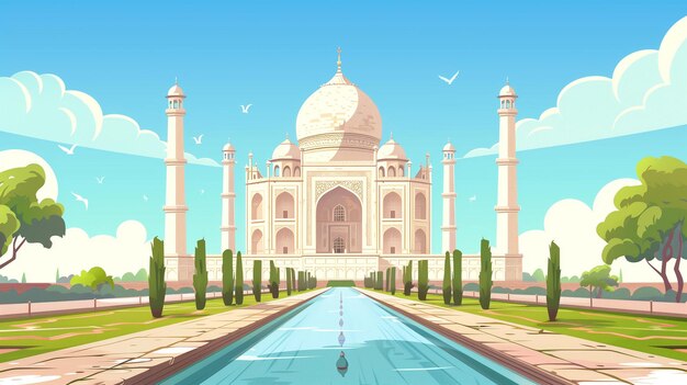 Photo cartoon illustration of a taj mahal with a pool in the foreground generative ai