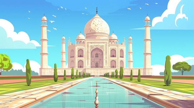 Photo cartoon illustration of a taj mahal with a water feature generative ai