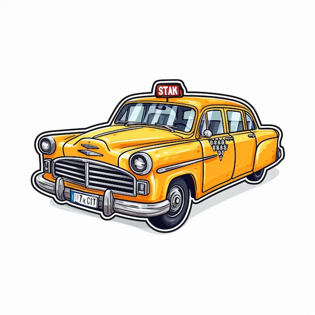 A cartoon illustration of a taxi with the license plate " stand " on the front.