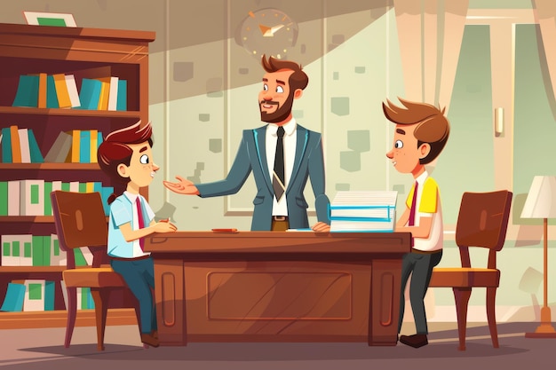 Photo cartoon illustration of a teacher meeting with children in the principal39s office cartoon illustration of the principal talking with two juveniles who are in trouble