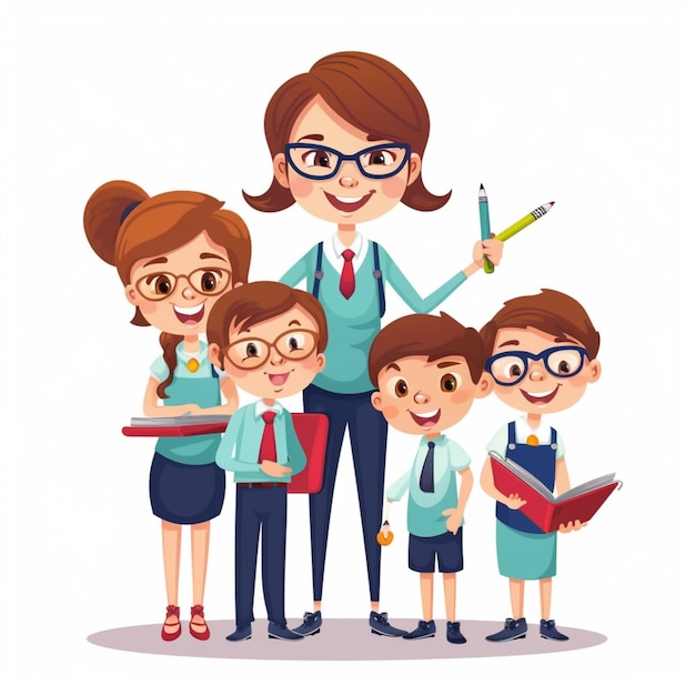 Photo cartoon illustration of a teacher with her students and a pencil generative ai