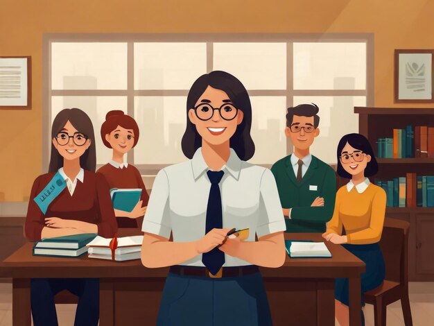 Photo a cartoon illustration of a teacher with students in the background