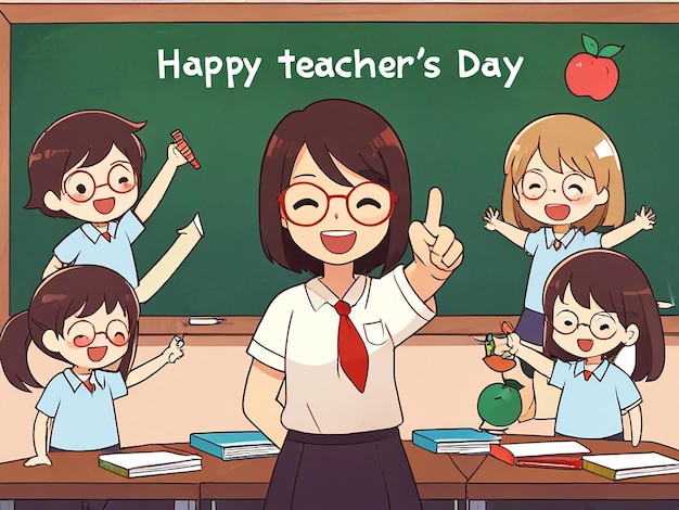 a cartoon illustration of a teacher with the words happy teachers day on the board