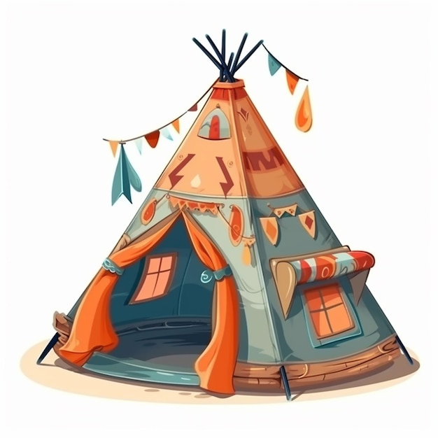 Photo cartoon illustration of a teepee with a banner that says'camping '