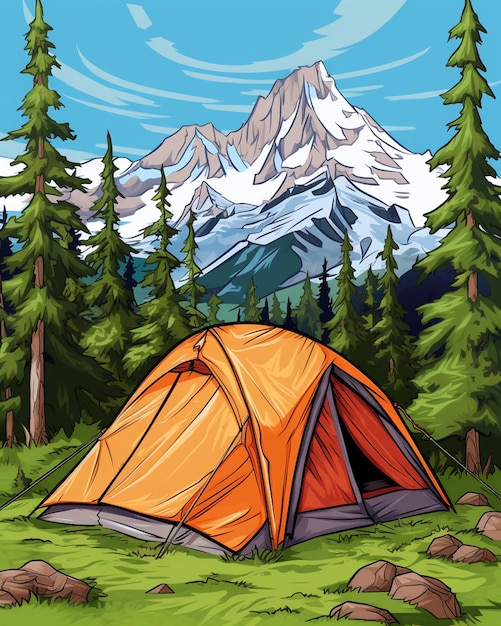 cartoon illustration of a tent in a forest with a mountain in the background generative ai