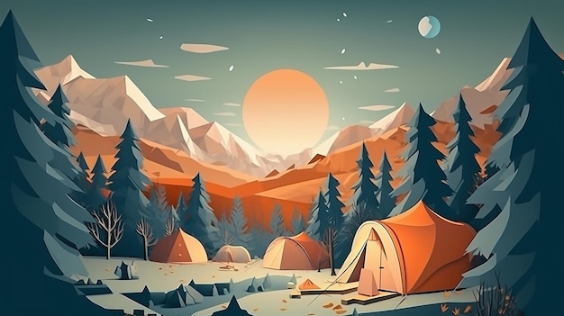 A cartoon illustration of a tent in the mountains.