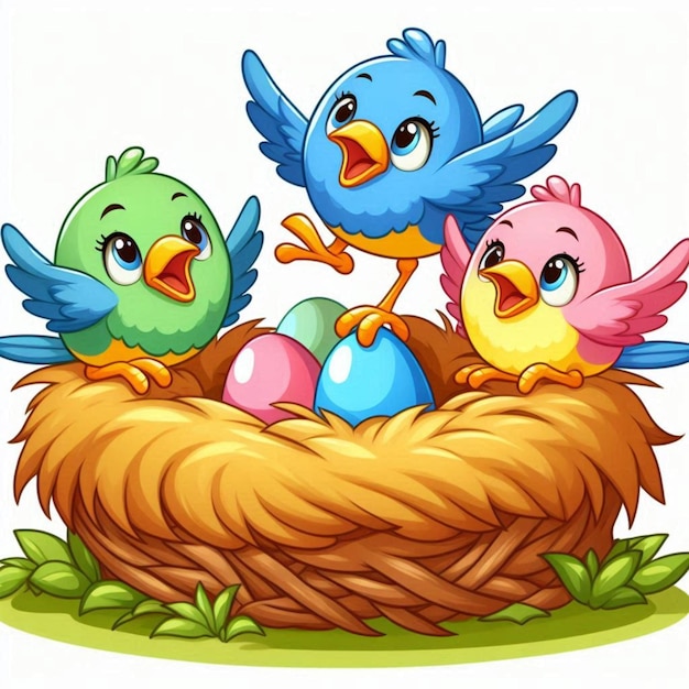 Foto un'illustrazione a cartone animato di tre uccelli con un nido al centro
