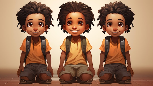 cartoon illustration of three black children sitting on the floor with backpacks generative ai