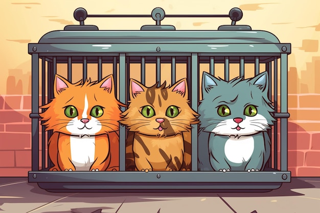 Cartoon illustration of three cats in a cage looking out of a window generative ai