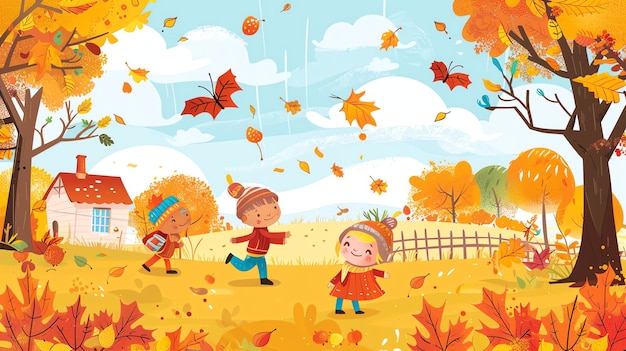 Photo a cartoon illustration of three children playing in a forest during autumn