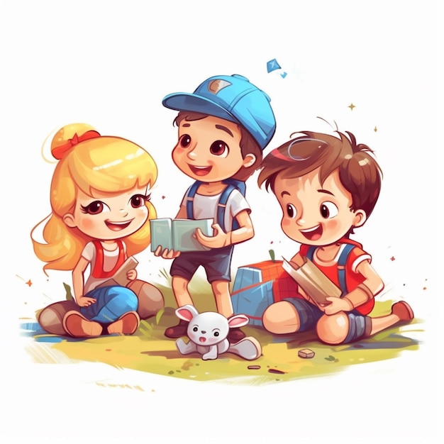 Cartoon illustration of three children sitting on the ground with a dog generative ai