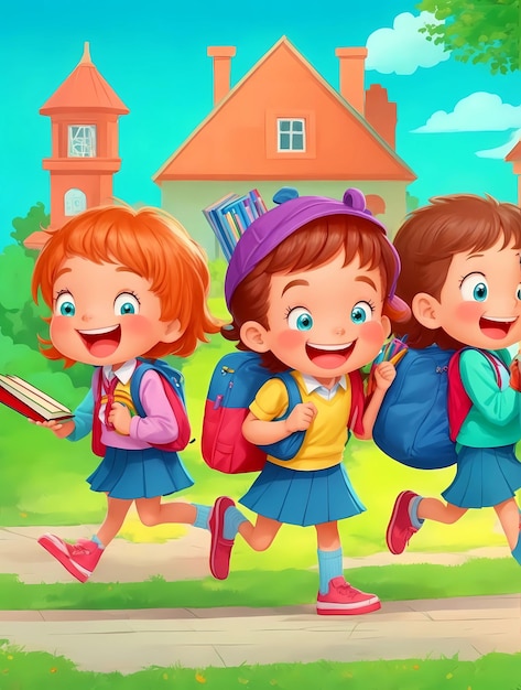 배낭을 메고 있는 세 아이와 "학교"라는 책을 들고 있는 만화 그림.