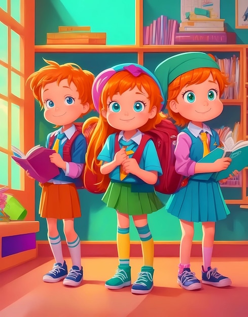 a cartoon illustration of three children with books in their hands.