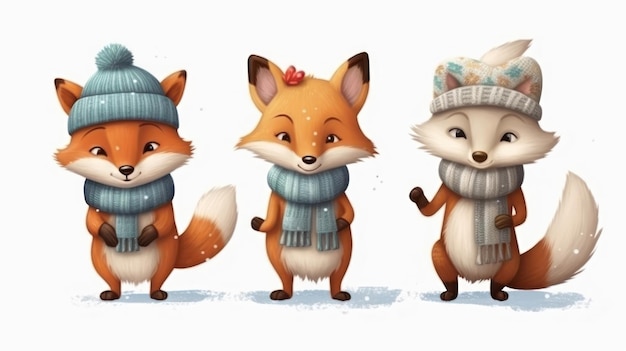 A cartoon illustration of three fox wearing a blue hat and a scarf.
