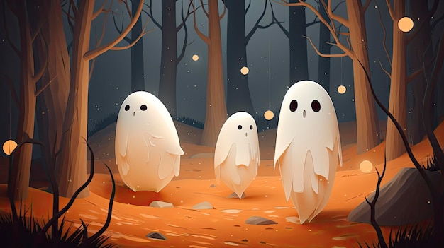 A cartoon illustration of three ghostes in a desert with a dark background