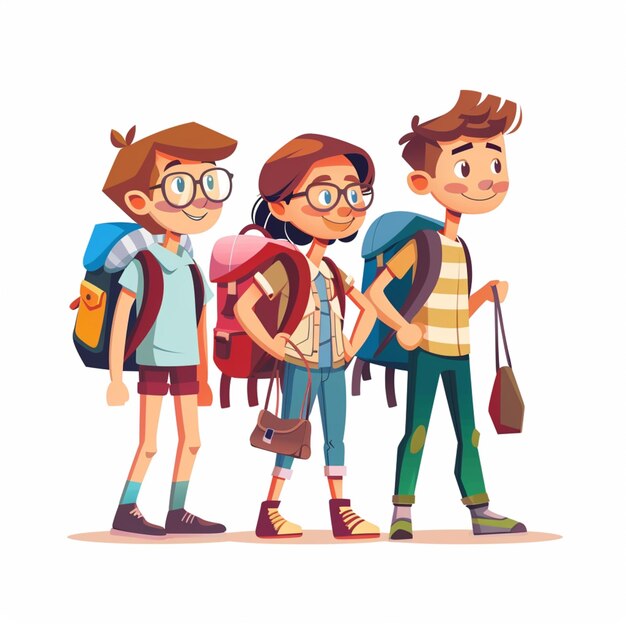 cartoon illustration of three young people with backpacks standing together generative ai