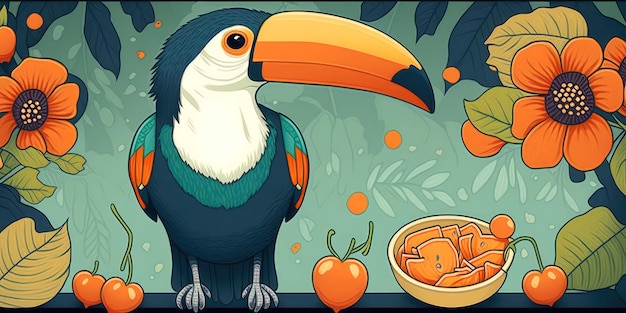 A cartoon illustration of a toucan with a bowl of carrots in the background.