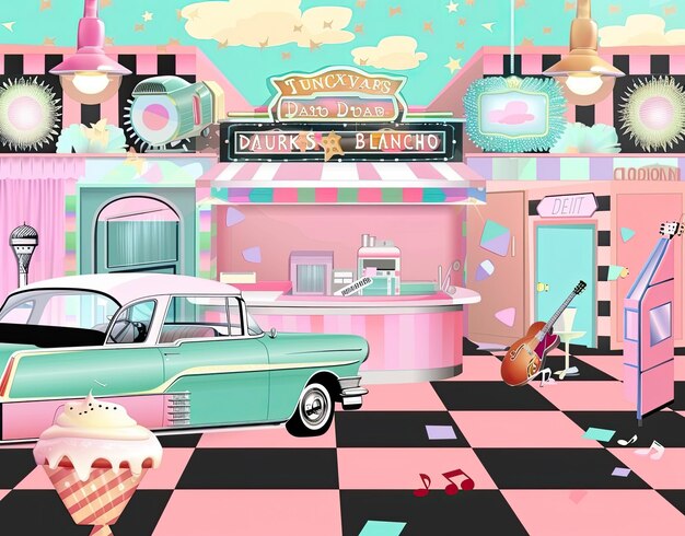 a cartoon illustration of a toy store with a car and a sign that says disney